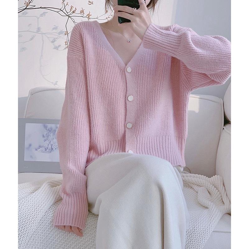 Autumn and Winter Gentle Style Loose Women's V-neck Knitted Cardigan Sweater Top for Women
