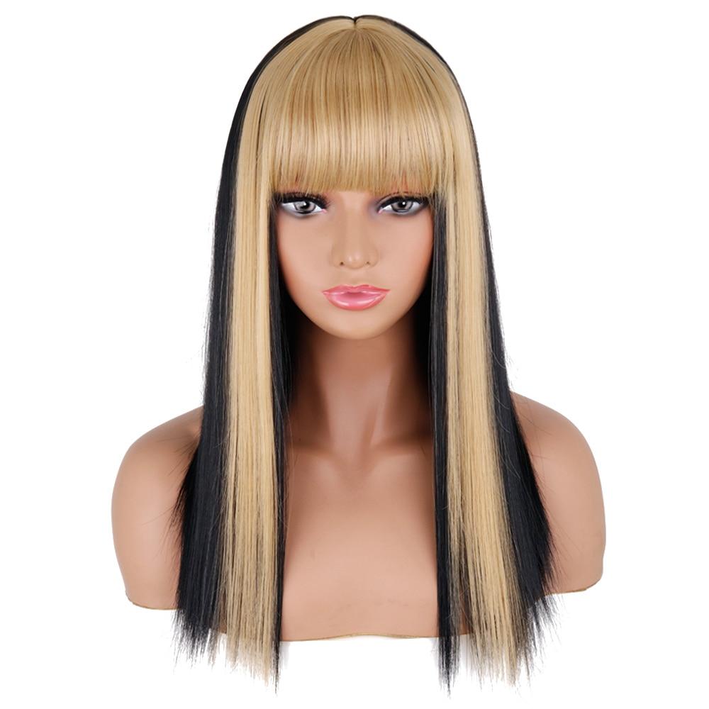 MISSQUEEN Long Straight Mixed Color Wigs Gold Bangs Hair Ladies Synthetic  Wigs Gold and Black Wigs Shoulder Length for Daily Party Women
