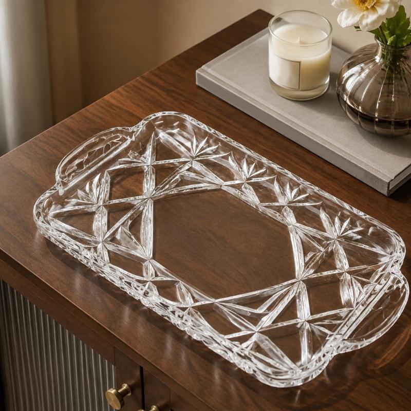 Rectangular Crystal Serving Tray Platter Decorative Tray with a Clear Body, Faceted Pattern and Raised Border for Arranging and Presenting Household