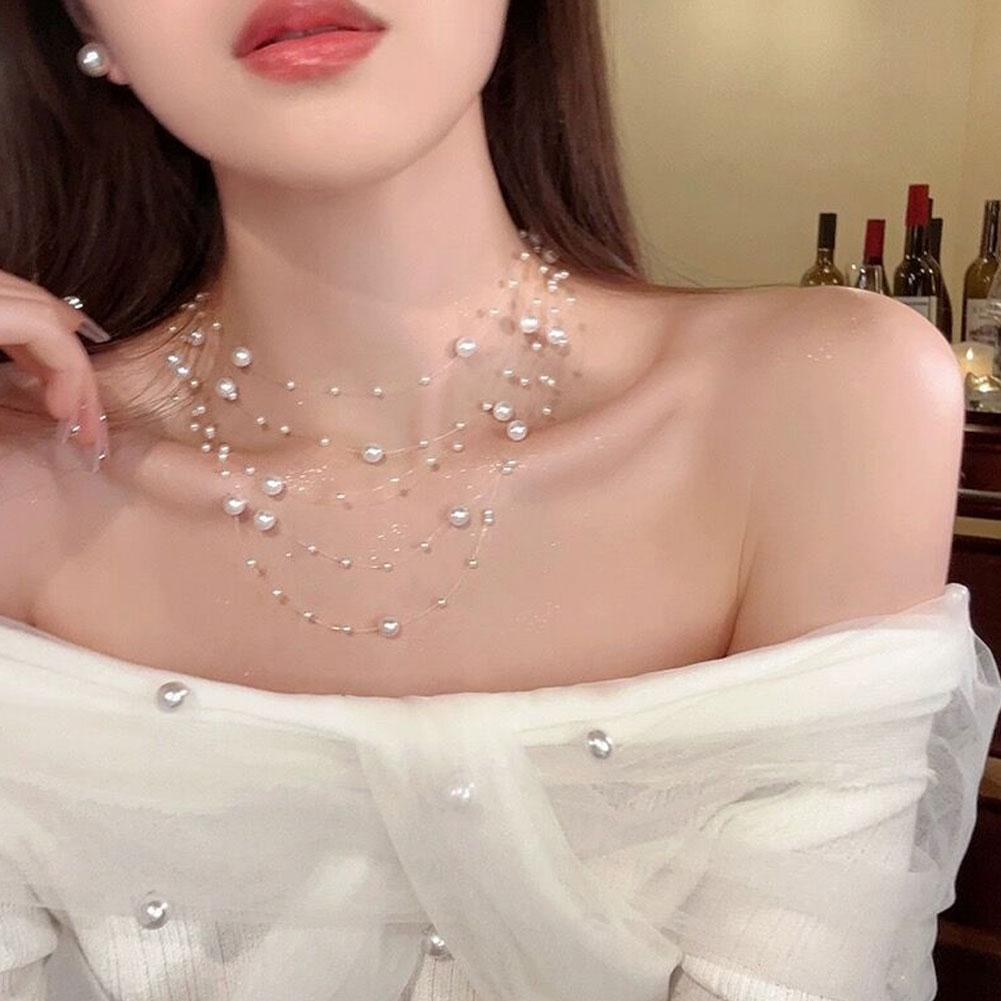 Elegant White Pearl Necklace Women's Clavicle Chain 2025 Chain High-End Sweater Multi-Layer New Q1R0