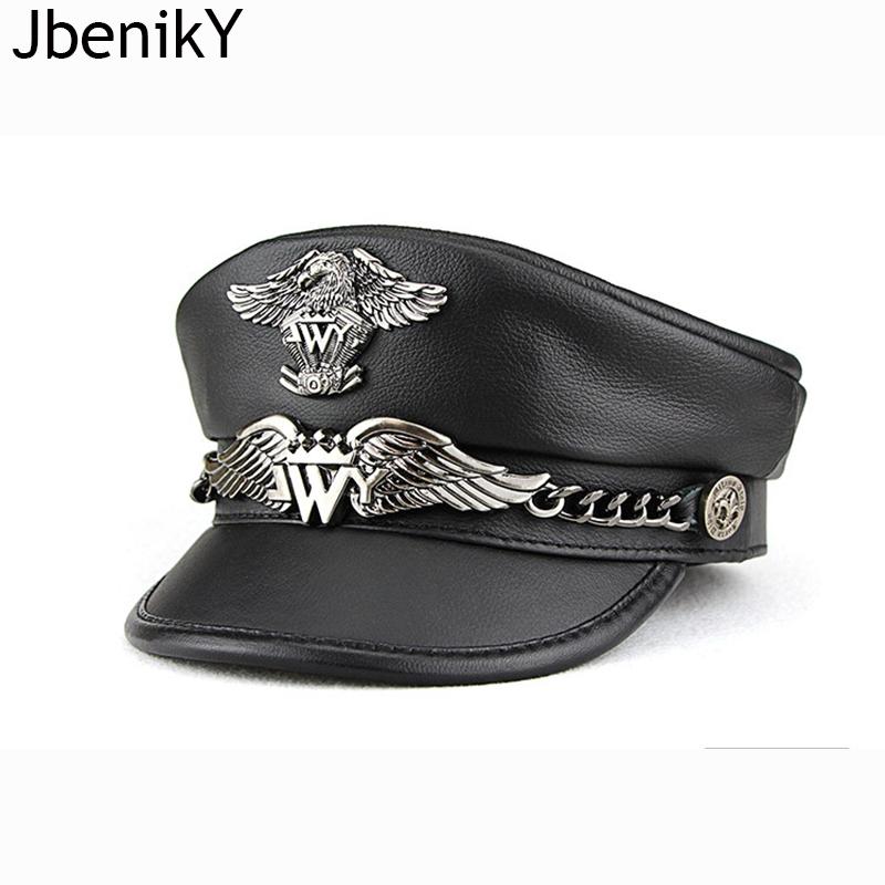 Exclusive Real Cowhide Military Cap Man Genuine Leather Flat Top Hat Fashion Eaglemark Chain Punk Locomotive Casquette Male