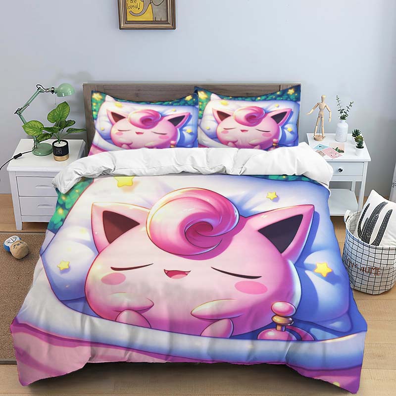 New Pokémon Jigglypuff print three-piece bedding set, including 1 duvet cover and 2 pillowcases, suitable for adults and childre