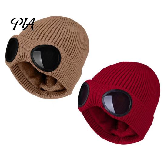 Warm Hat for Most Head Sizes 2Pcs Fleece Lined Hats with Goggles, Winter Knit Casual Accessory Outdoor Activities Hats, Windproof Skiing Caps