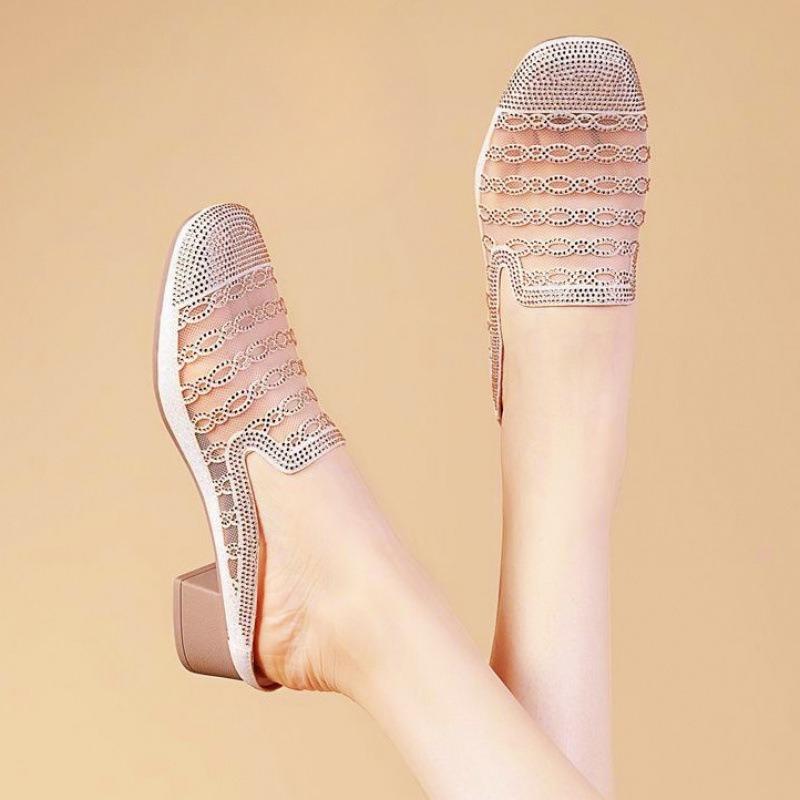 Baotou Half Slippers Female External Wear Summer Mesh Breathable Medium Thick Heel Rhinestone Hollow Sandals