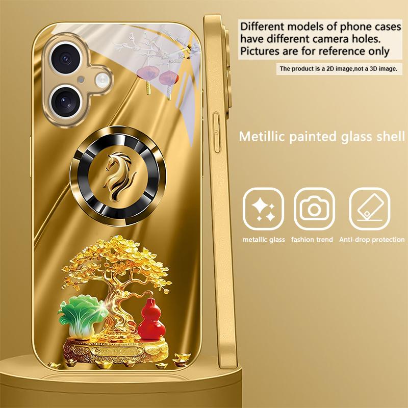 Horse Head Treasure Tree For iPhone 16E 15 Pro 14 13 Plus 12 mini 11 15Pro 14Max 13Plus XR Xs 16 Pro Max Golden glass phone case