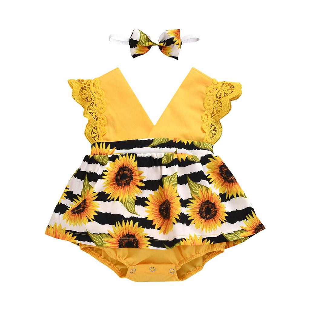 Baby Girls Floral Romper Dress Newborn Outfits With Headband 0-24 Months