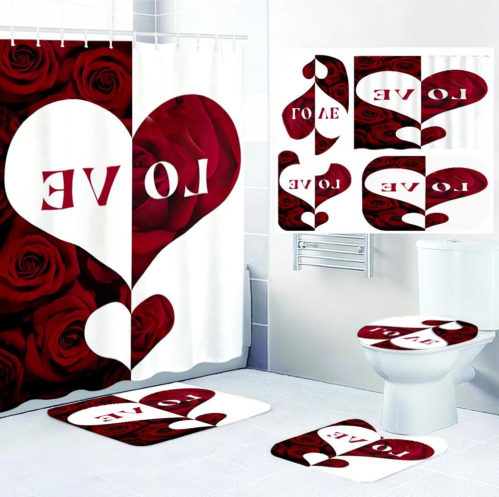 Valentinstag Herzförmiges Badezimmer-Vierteiliges Set - Avantgardistischer Wasserdichter Duschvorhang, schafft ein komplettes Badezimmer-Set