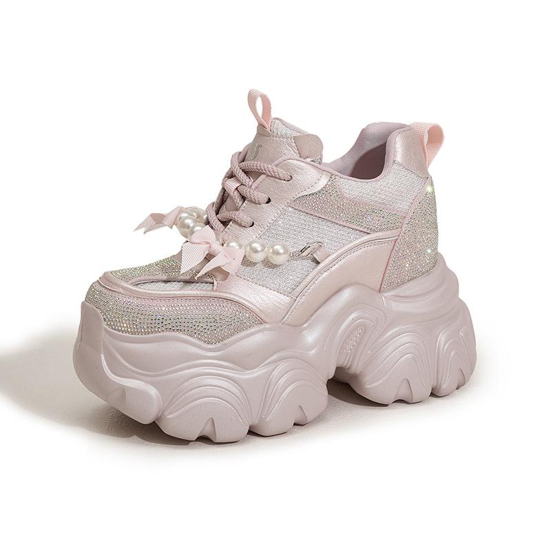 Thick-soled inner height increase dad shoes women's 2025 spring new rhinestone breathable single shoes small versatile casual women's shoes