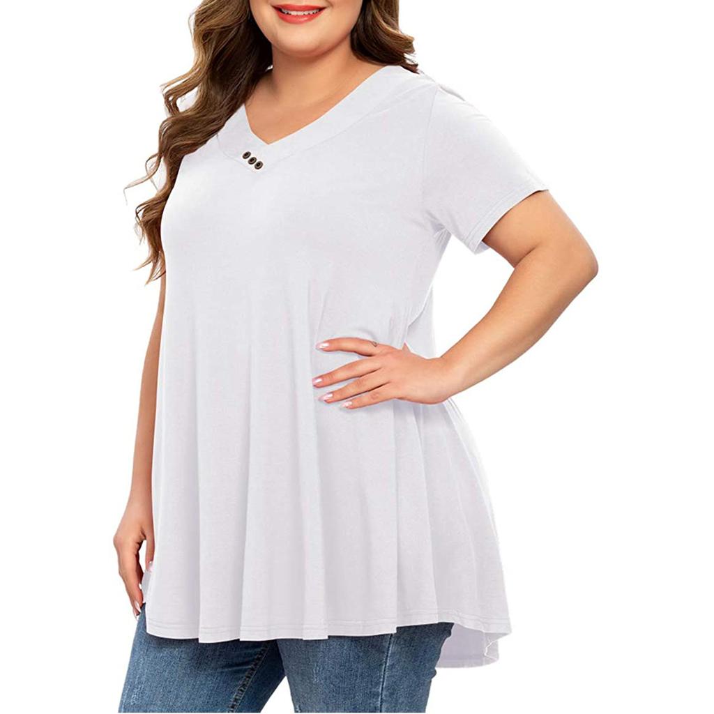 Large Size Women V-neck Button Short-Sleeved Color Loose Pullover T-shirt