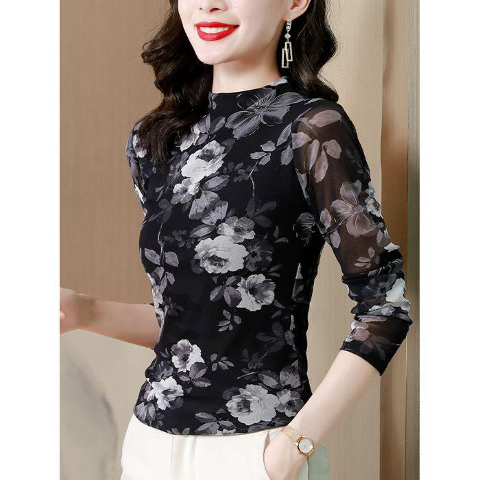 

Юго-Восточная Азия 2024 Женский принт Сетчатый с длинным рукавом Утягивающий базовый слой Топ 3XL (for 130-140 jin) чёрный