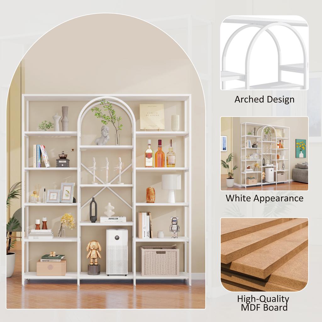160 x 30 x 180 cm Shelf in Modern, Minimalist Style, Made of Steel Tubes and MDF, Multiple Storage Compartments, Rectangular + Arch Design, White