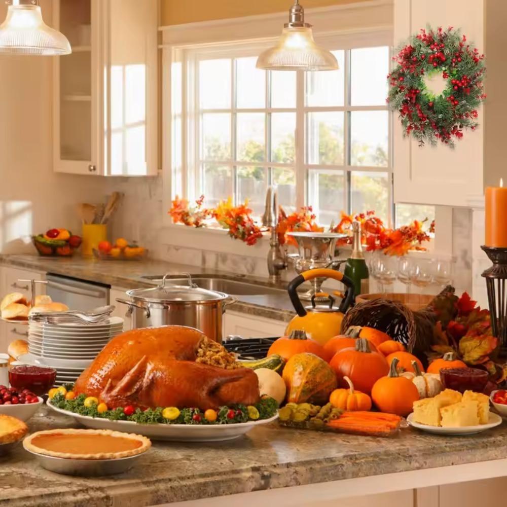 Simulation Leaf Red Berries Wreath Artificial Christmas Hanging Pendant Eucalyptus Garland Porch