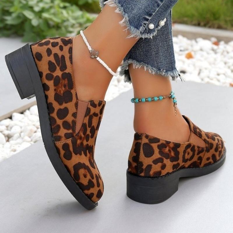 Autumn New Thick Heel Shoes Women's Round Head Deep Mouth Leopard Print Slip-on Comfortable High Heels