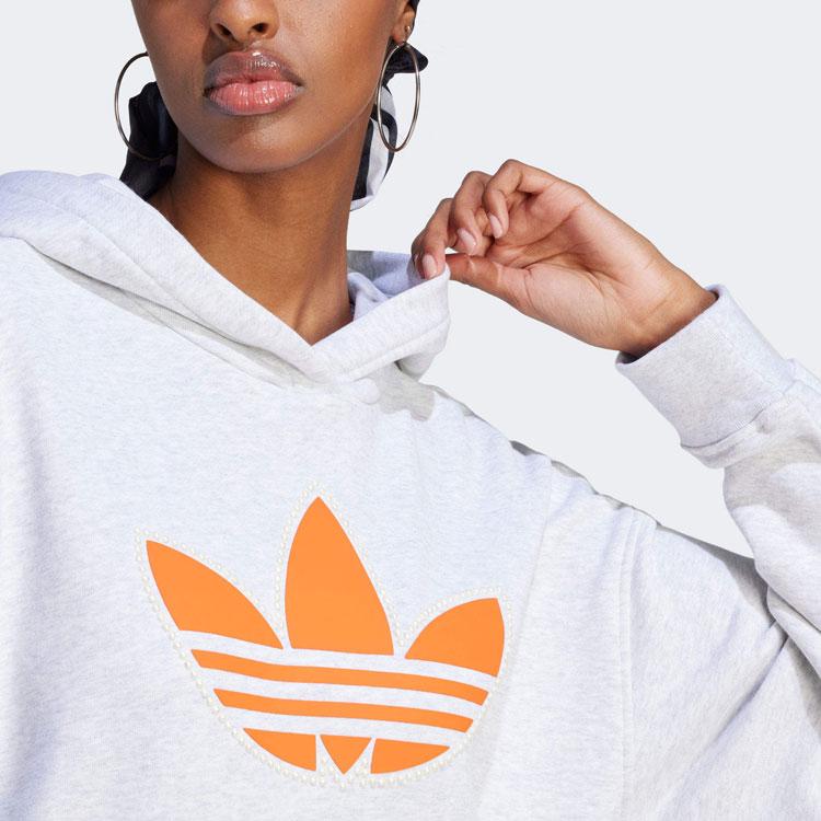 Adidas Originals Pearl Trefoil Boyfriend Hoodie Logo Print Loose Long Sleeve Hooded Sweatshirt Women Hoodies Gray II5602