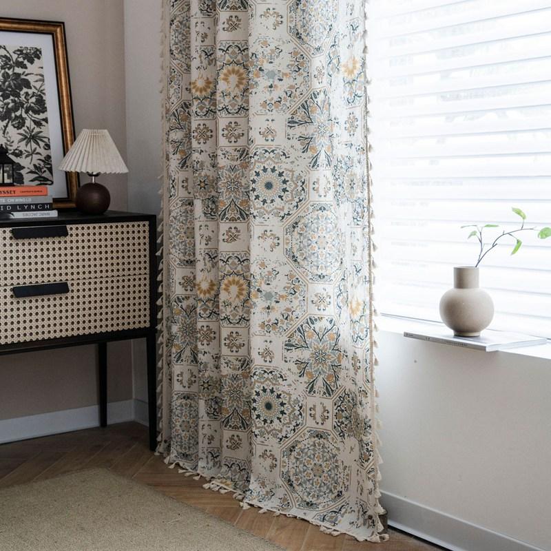 American Style Cotton Hemp Curtains Retro printed Tassel Curtains Living Room Kitchen Bedroom Drapes Float Window Semi-shading