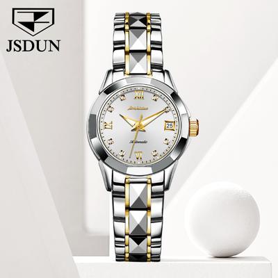JINSHIDUN New Business and Leisure Ladies Watch Single Calendar Tungsten Steel Mechanical Watch Luminous Waterproof High-end Watch