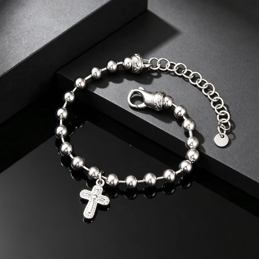Silver Color Rosary Beads Chain Cross Pendant Bracelets, Stainless Steel Wristband Bracelet, Jewelry for Men Father's Day Gift