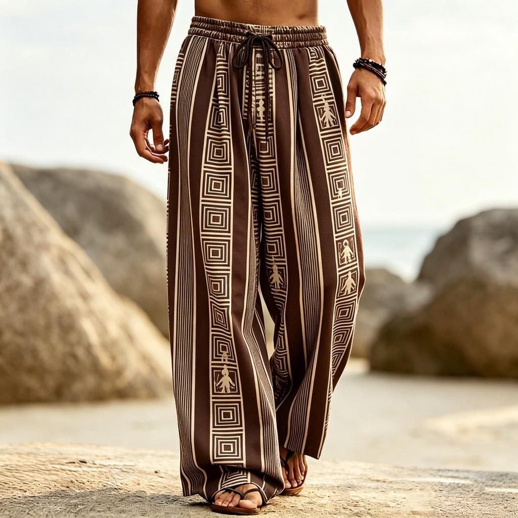 Women's Tribal Geometric Vertical Print Drawstring Wide Leg Pants, Casual Loose Trousers for Spring Summer Beach & Daily Wear