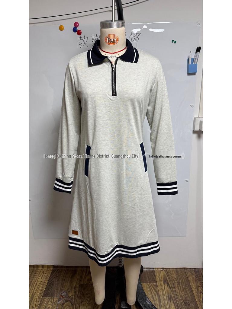 2026 Women's Casual Color Block Lapel Zipper Dress with Pockets