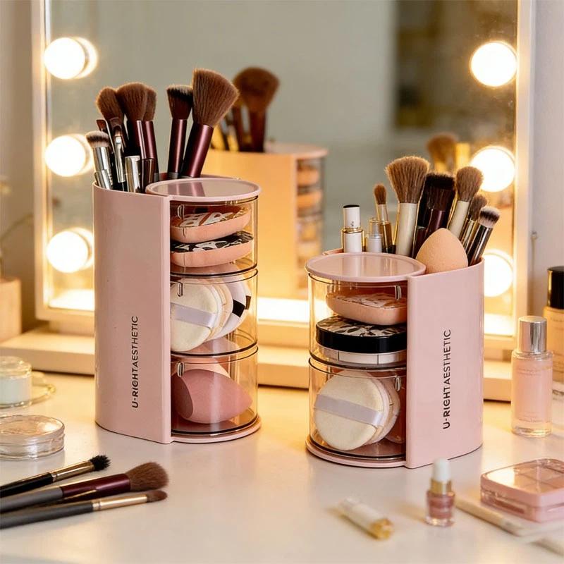 360-Degree Rotating Cosmetic Storage Box Dustproof Multi-Functional For Storing Brushes Sponges And Lipstick