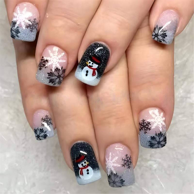 24 Pcs Snowman Artificial Nail Christmas Full Cover False Nail Stick on Nail Snowflakes Press On Nail for Winter 1