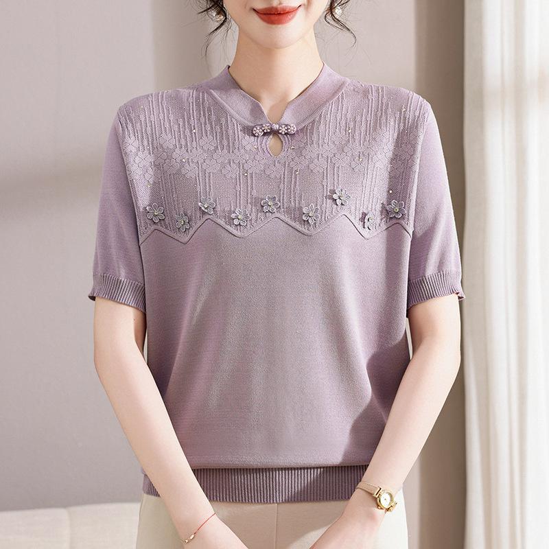 

Stylish Chinese Style Ice Silk Short Sleeve T-shirt & Knit Cardigan for Middle-aged Women 3XL (suggested weight 135-155 kg) фиолетовый