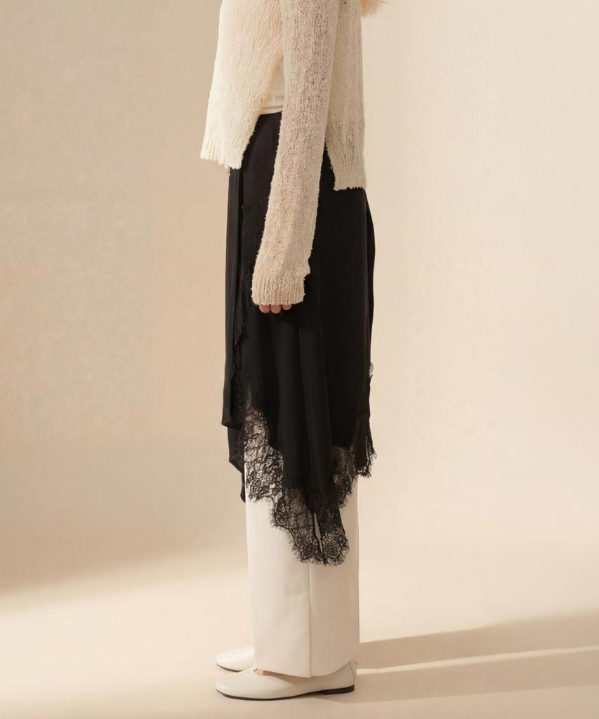 Nomer Asymmetrical Lace Slit Skirt Black
