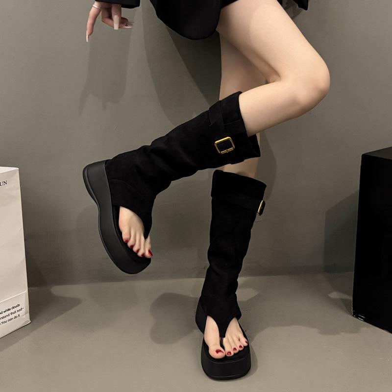 

Ботинки женские лето 2025 высококлассные с открытым носком крутые ботинки женские ботфорты на толстой подошве с увеличением роста западные ковбойские короткие ботинки 40 чёрный