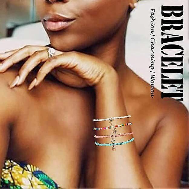 Dww-4 Pieces Bohemian Multilayer Beaded Ankle Bracelet Colorful Women's Ankle Moon and Star Pendant Ankle Beads Elastic Foot Bracelet Summer Beach Jew