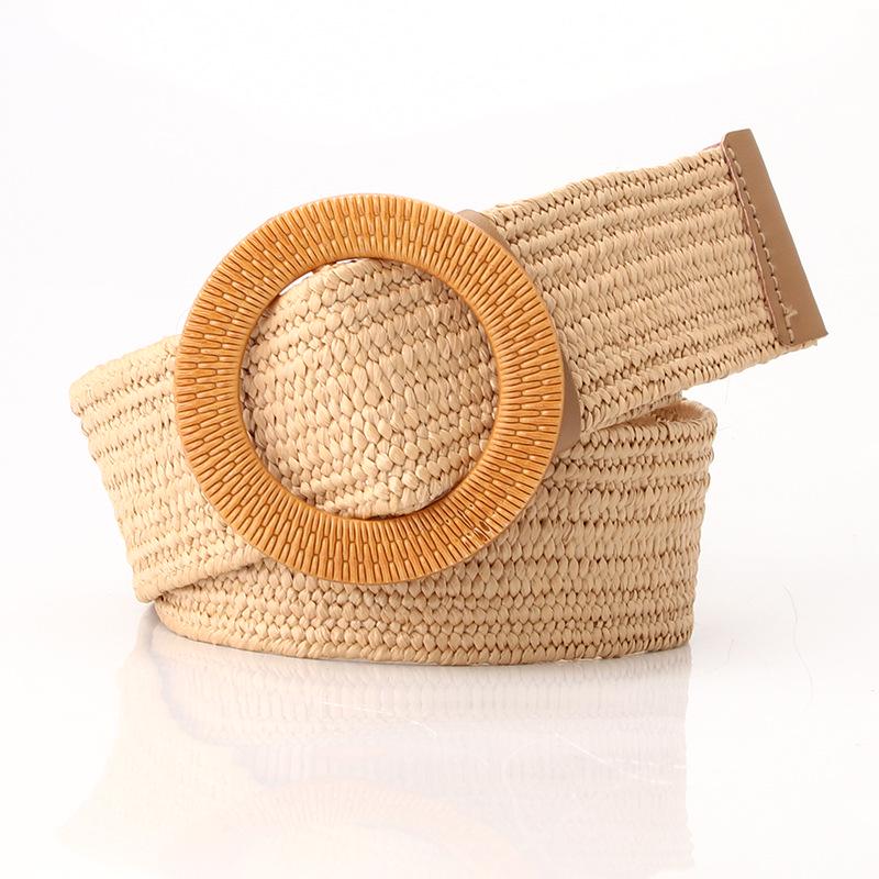 Women's Wide Round Buckle Elastic Belt - Cotton & Linen, Straw Style, Mori Girl Fashion.