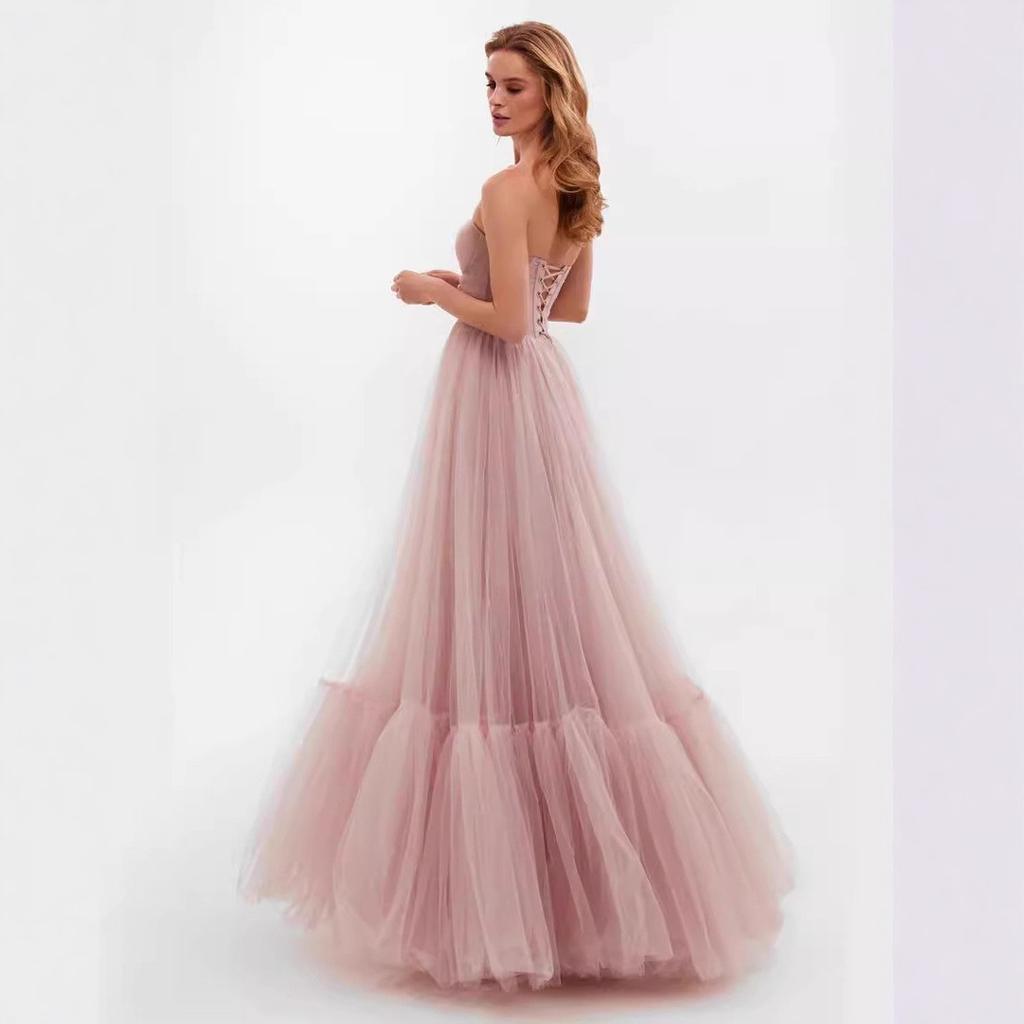 new long women's clothing one-word shoulder mesh long-sleeved wedding dress tulle dress