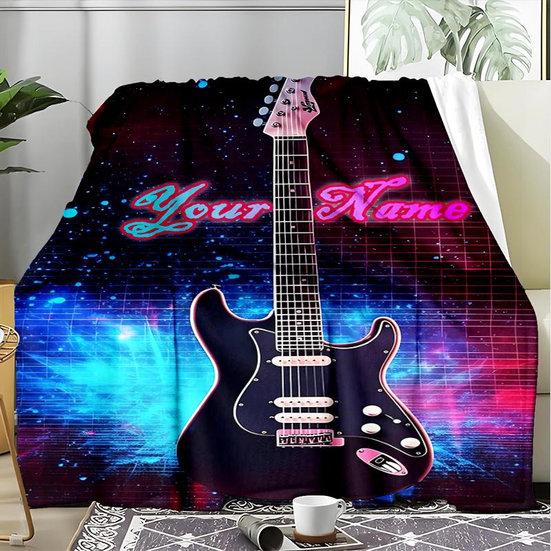 1PC Custom Name Guitar Dreams Neon Night Outdooor Flannel Blankets Patterns Throw Blanket All-Season Soft Gift for Couch, Bed, Camping Gifts