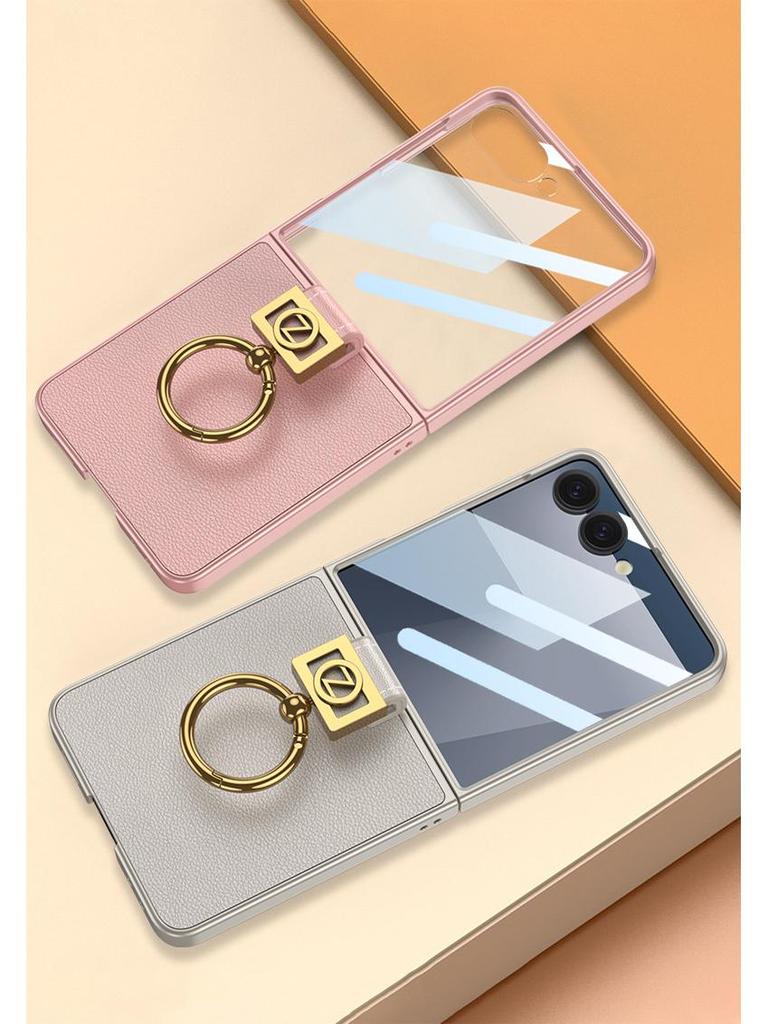 Samsung Z Flip7 Ultra-Thin Premium Leather Ring Case - Elegant, Solid Color Protective Cover