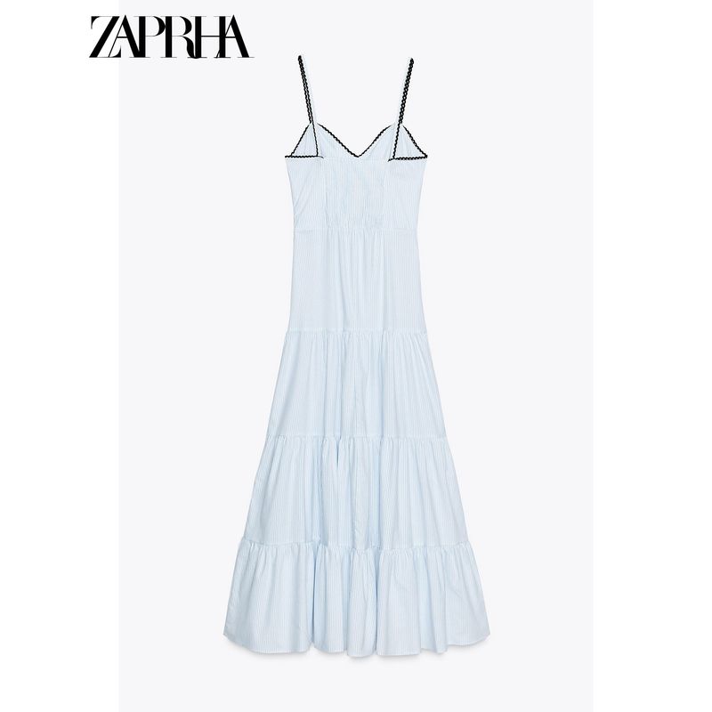 Zaprha 2025 New Holiday Stripes Sleeveless Waist Trimming Spaghetti Straps Casual Midi Skirt Dress 2587070