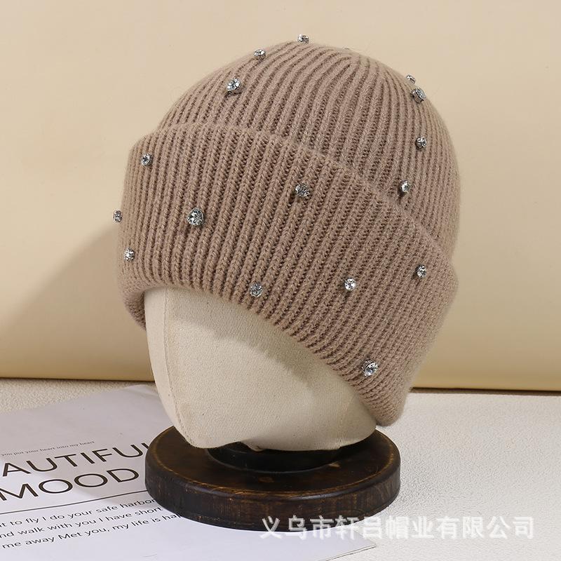 Autumn and winter casual versatile rhinestone rabbit fur wool hat women's fashion heavy industry cold hat warm windproof cover knitted hat
