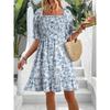 Women's Square Neck Puff Sleeve Printed Backless Loose Casual Midi Dress For Women