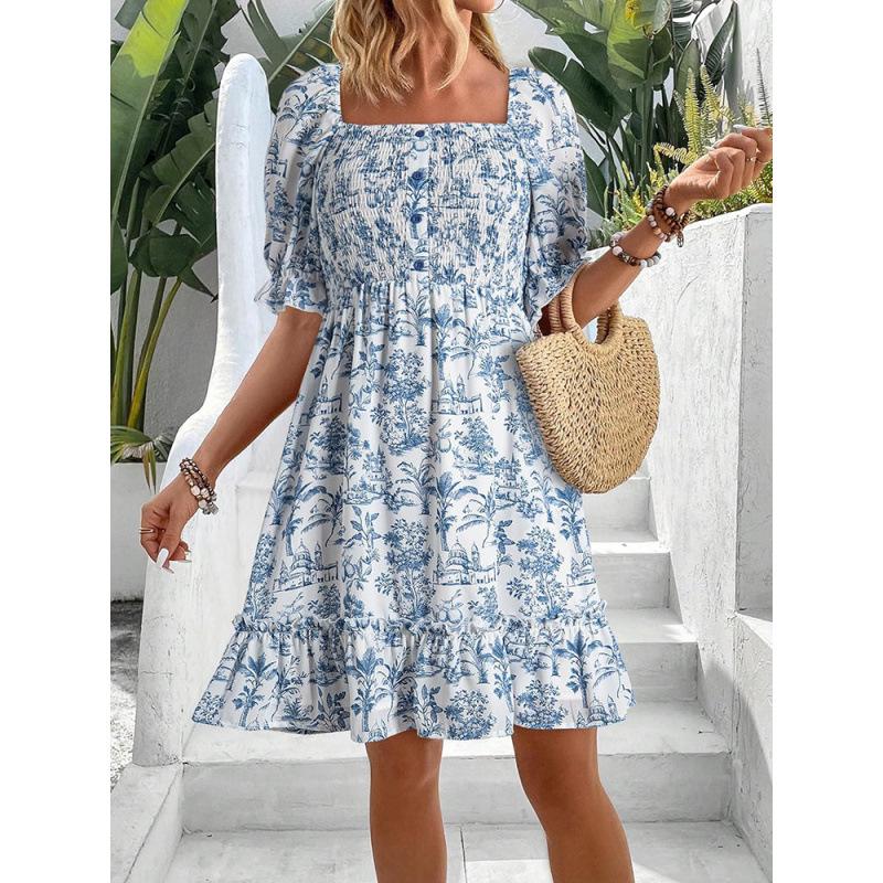 Women's Square Neck Puff Sleeve Printed Backless Loose Casual Midi Dress For Women