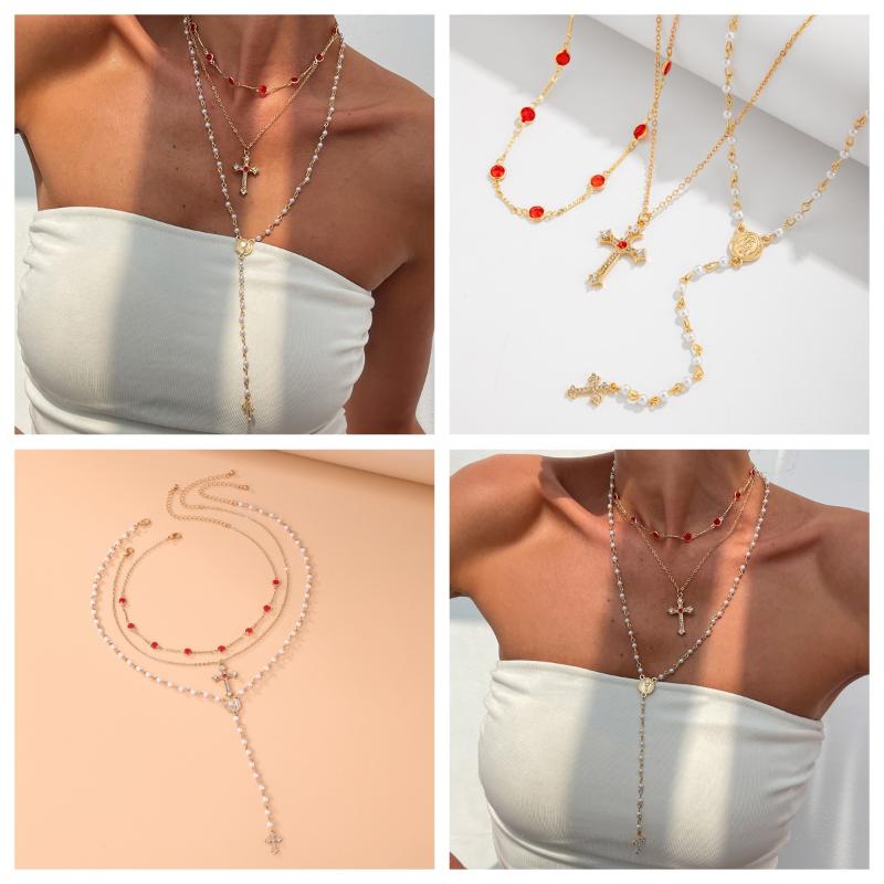 Luxury Rhinestone Cross Pendant Necklace For Women Girls Vintage Colorful Long Y-Shaped Necklace Hip Hop Party Body Jewelry Gift