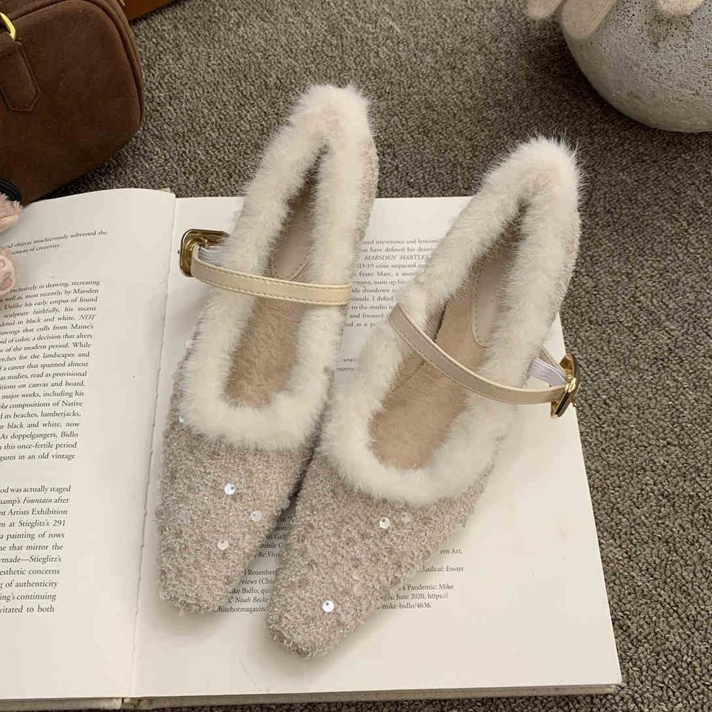 Fashion Fashion Sequin Bling Ladies High Heels Elegant Pointed Toe Thin Heel Mules Women Warm Fur Pumps French Elegant Dress Boat Shoes