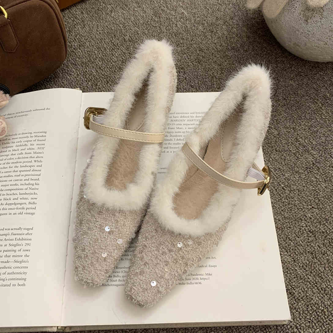 

Fashion Fashion Sequin Bling Ladies High Heels Elegant Pointed Toe Thin Heel Mules Women Warm Fur Pumps French Elegant Dress Boat Shoes 35 бежевый