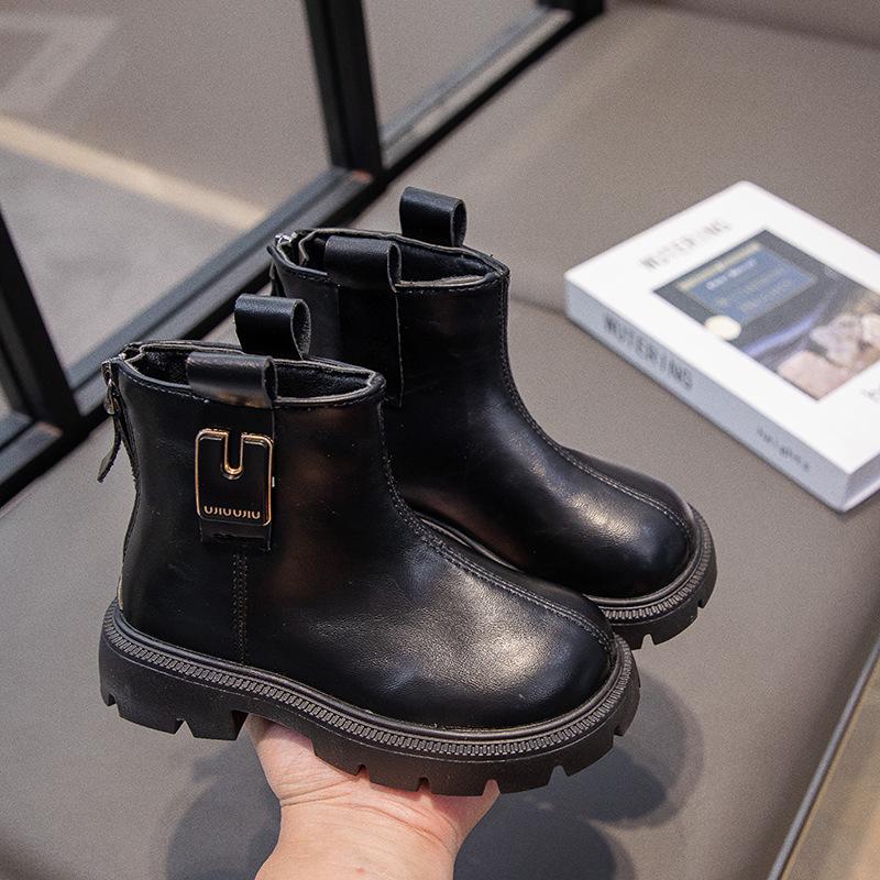 Kinder Herbst/Winter 2025 Schwarze Leder-Knöchelstiefel - Jungen & Mädchen Britischer Stil