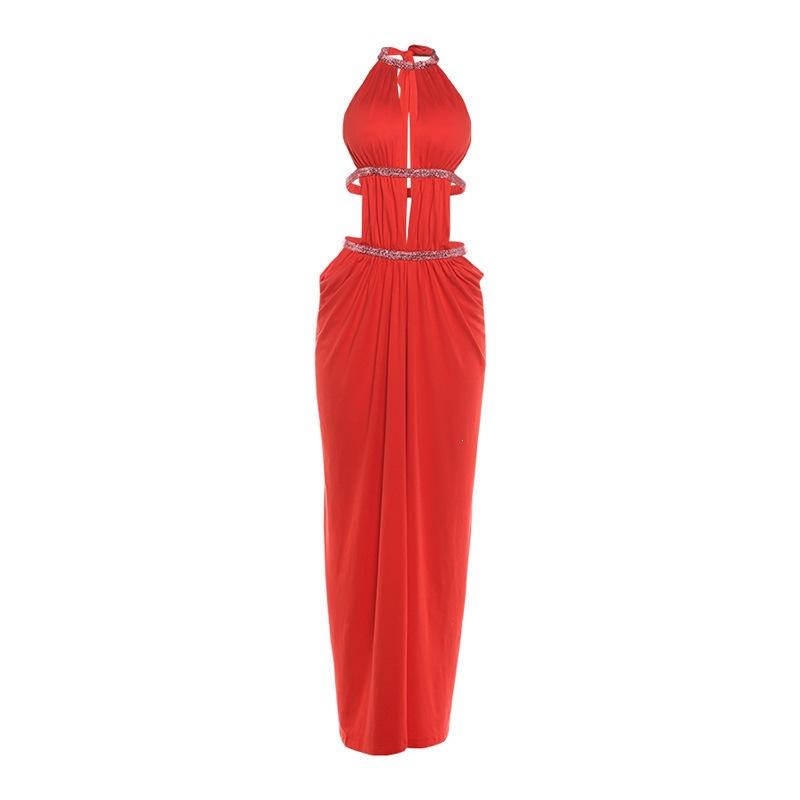European and American Spring Women's Clothing Sexy Halter Waist Long Dress Strap Neck Dress