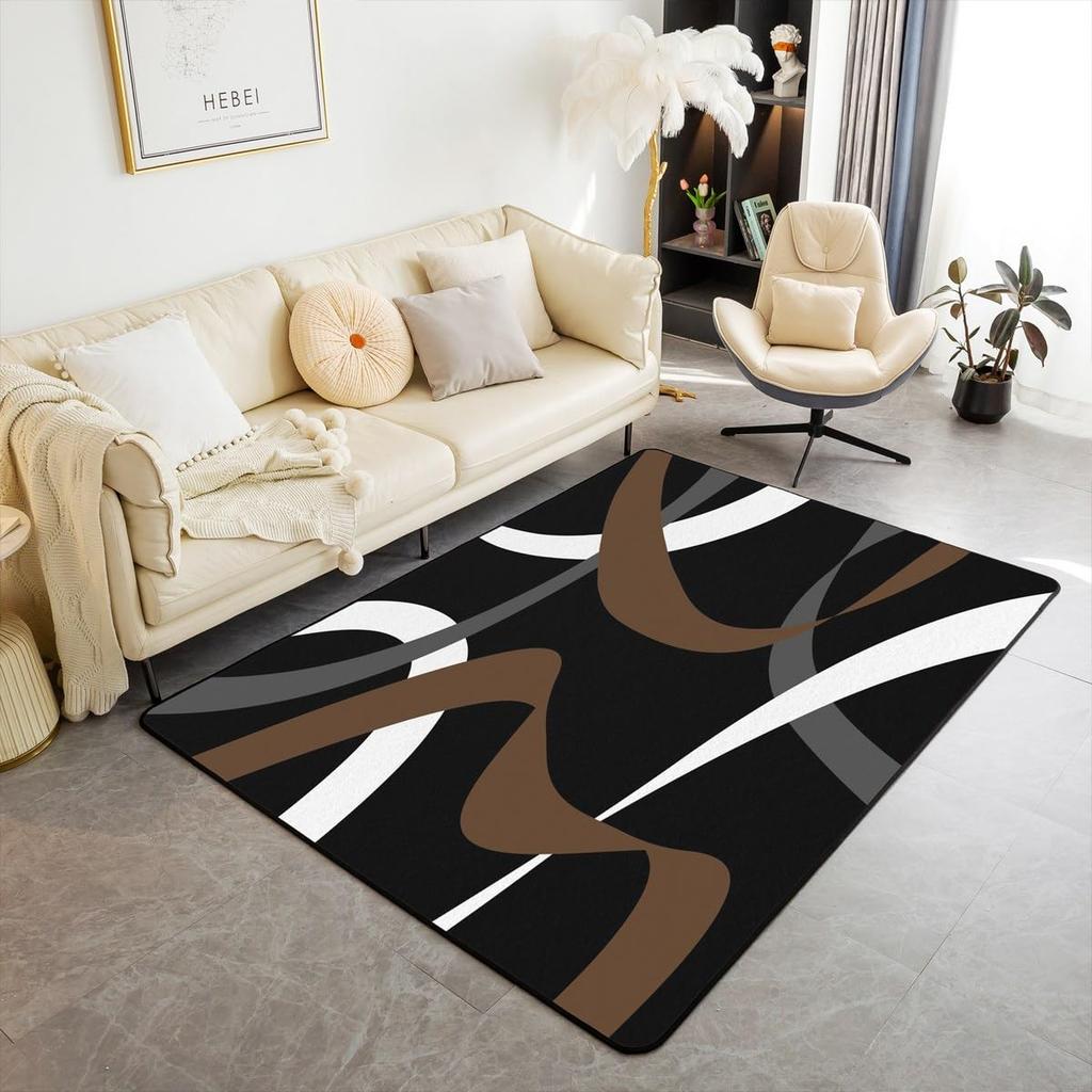 Modern Abstract Curve Print Area Rug, Black Pink & White Design Non-Slip Floor Mat for Living Room Bedroom Home Decor Carpet