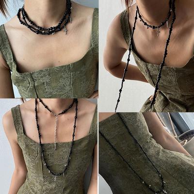 Glass Beaded Cross Pendant Necklace Dark Wind Temperament Versatile Clavicle Chain Heavy Industry Advanced Niche Jewelry