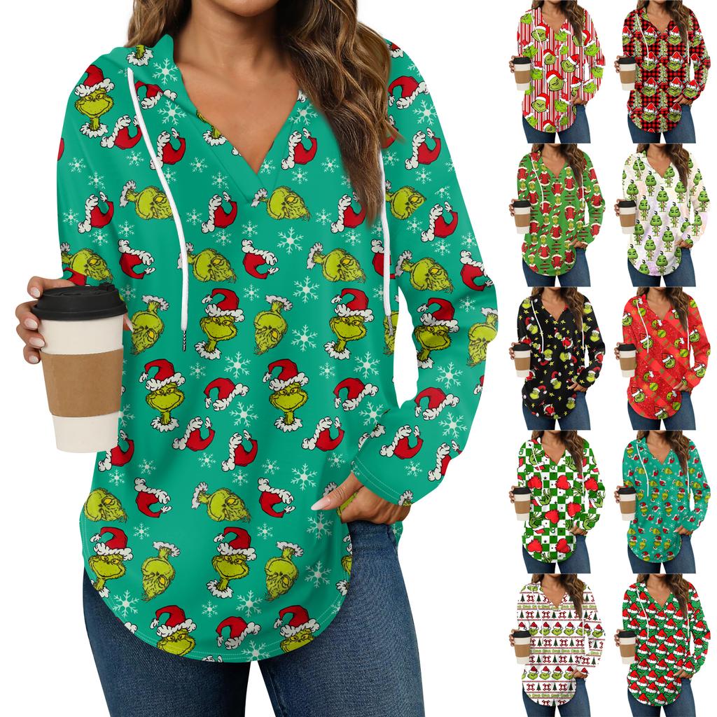 Women's Fashion Hoodies V Neck Long Sleeve Christmas Printed Drawstring Casual Loose Pullover Tops