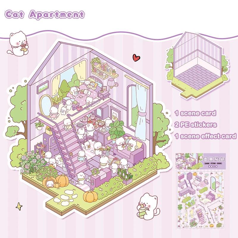 1Set Creative 3D Simulation Cabin Stickers Cute Cartoon Handmade DIY Landscaping Stickers Scene Stacking Pasting Stickers