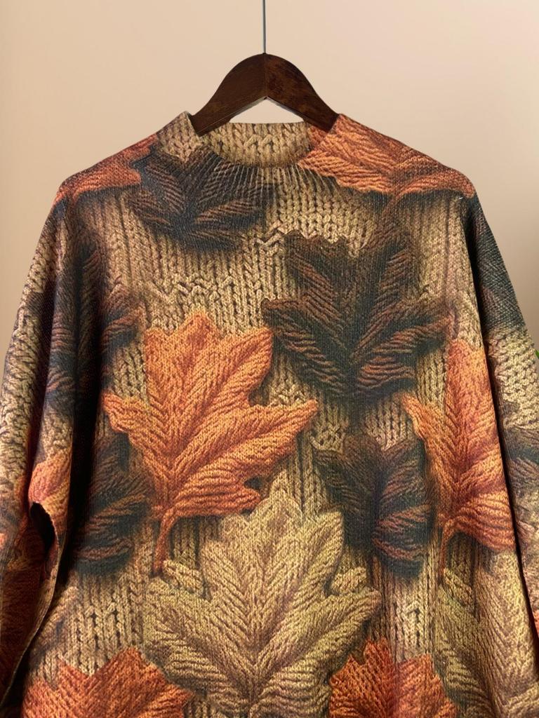 Autumn Women's Maple Leaf 3D Print Round Neck Sweater - Comfortable Long Sleeve Loose Fit Knitwear