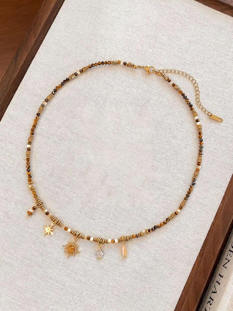 18k vergoldete Tigerauge Perlenanhänger Halskette - Retro Schlüsselbeinkette für Herbst/Winter.