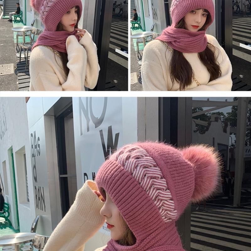 Korean Style Hat Scarf Set Women Winter Warm Cycling Ear for Protection Windproof Knitted Wool Pullover Cap Scarf for Wo