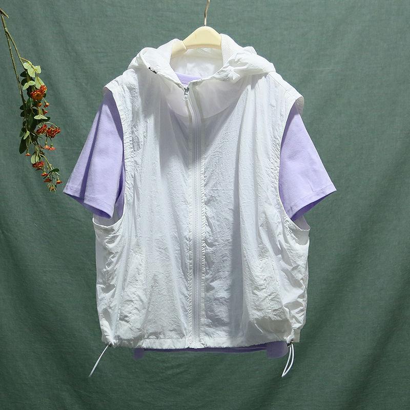 Coletes de verão femininos, coletes cargo com zíper, com capuz, casual, solto, liso, esportivo ao ar livre, fresco, secagem rápida, fino, plissado, streetwear, tudo em combinação